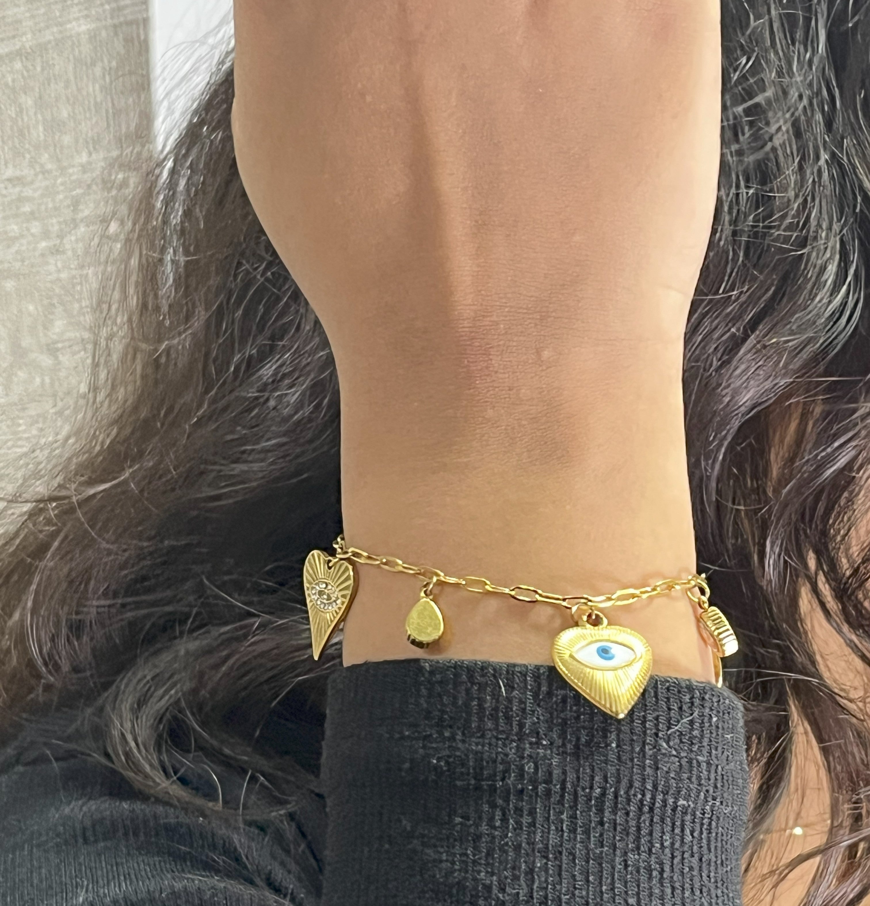 Gold Charm Bracelet with Evil Eye & Heart Accents