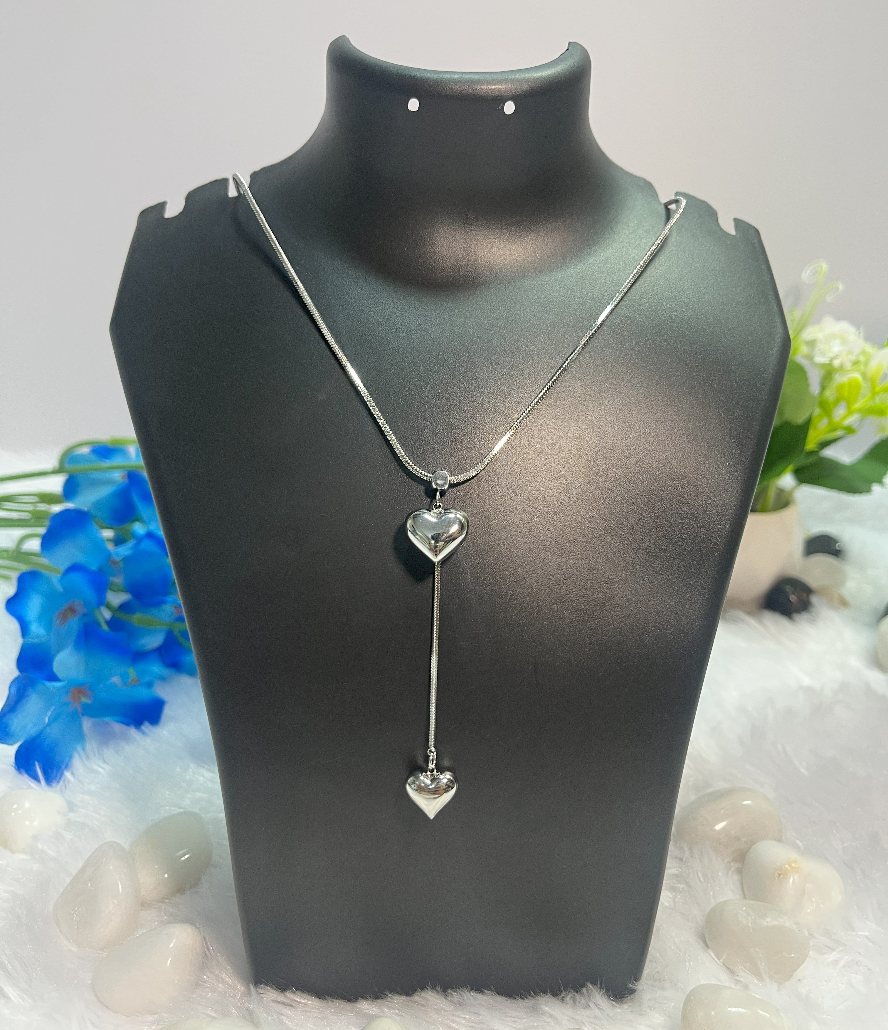 Silver Twin Heart Drop Pendant Necklace
