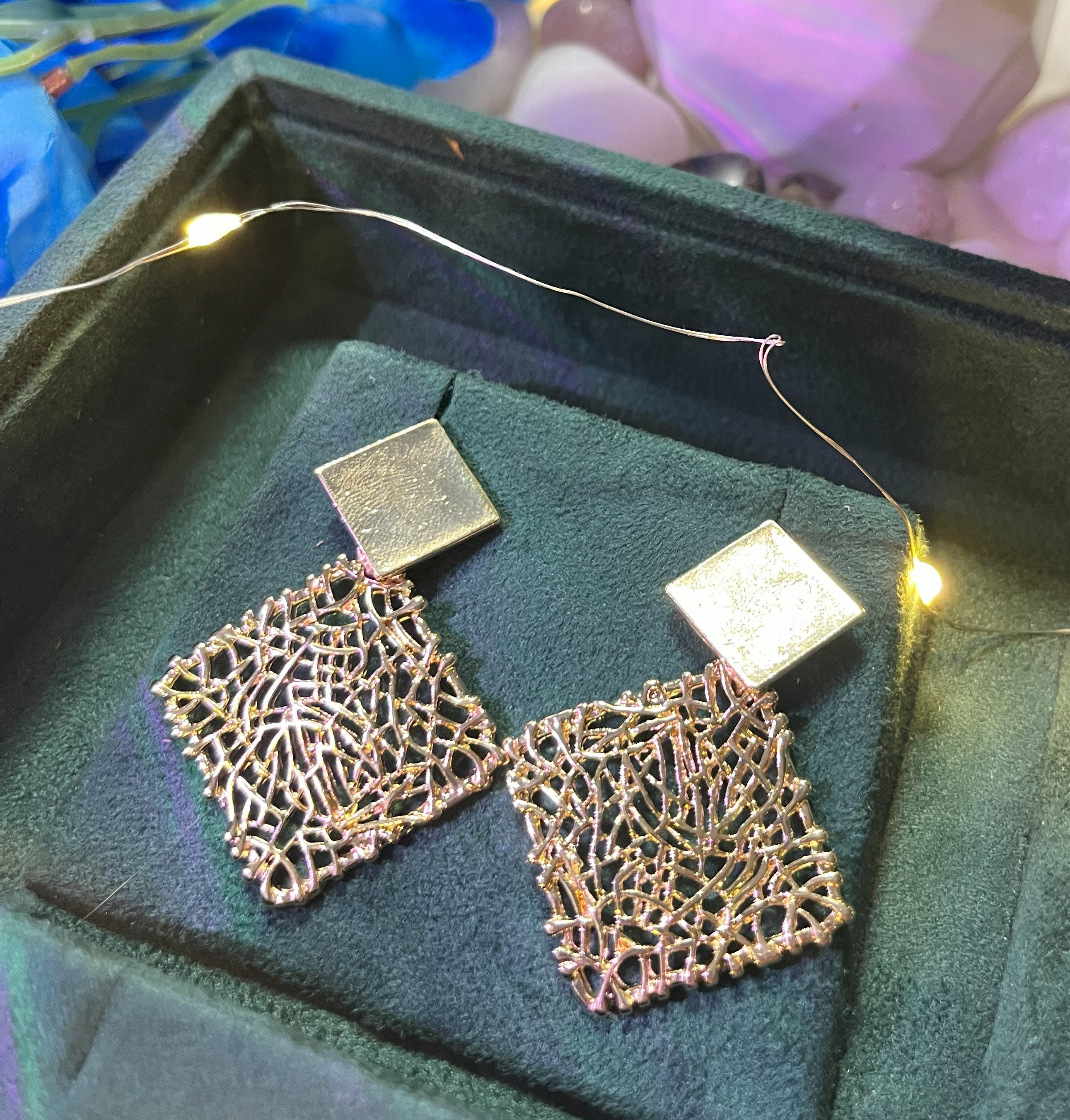 Golden Mesh Square Drop Earrings